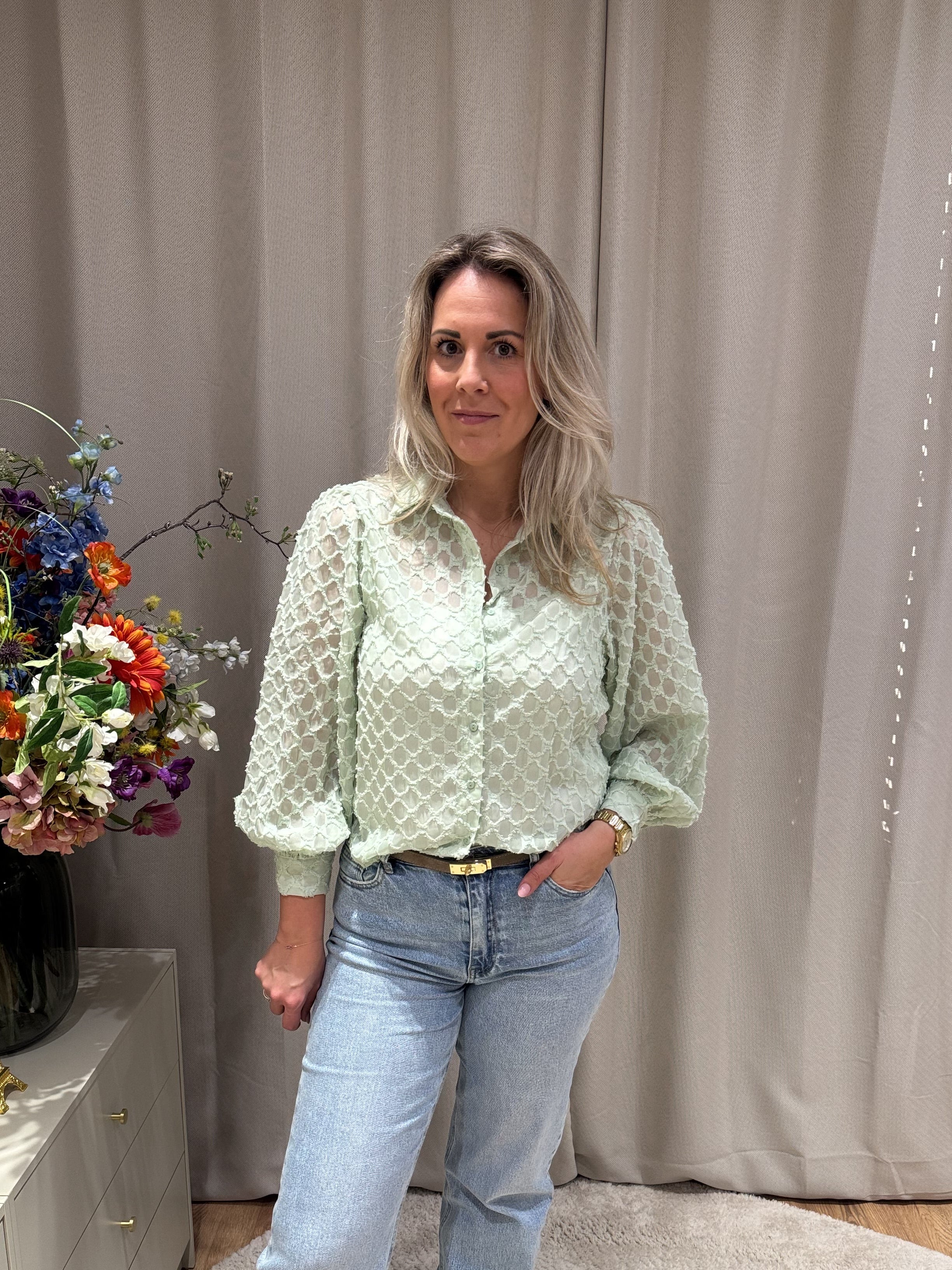 Lucie - Blouse ballonmouw ruit - mintgroen
