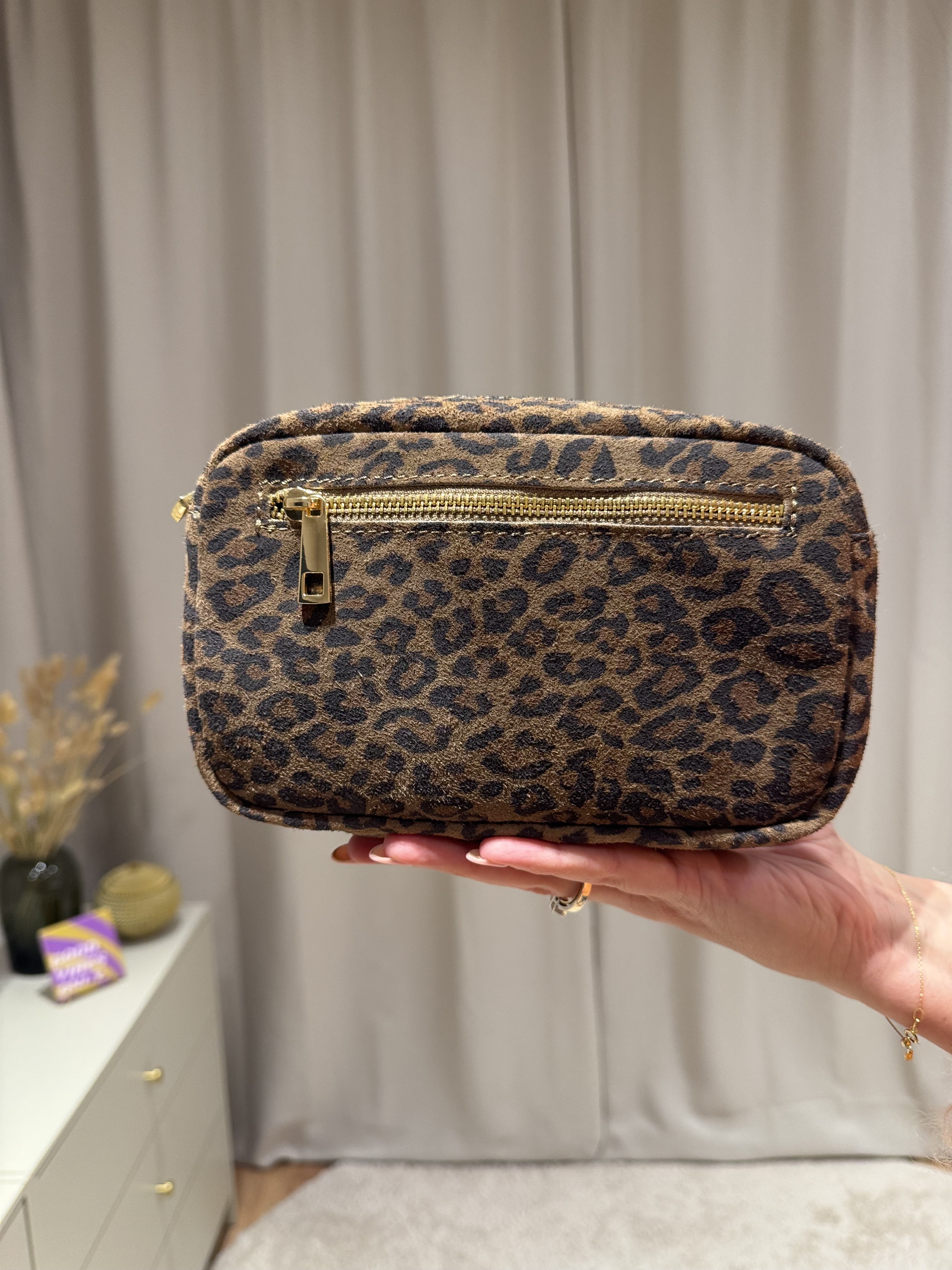 Irene - Suede tas gouden rits - panter