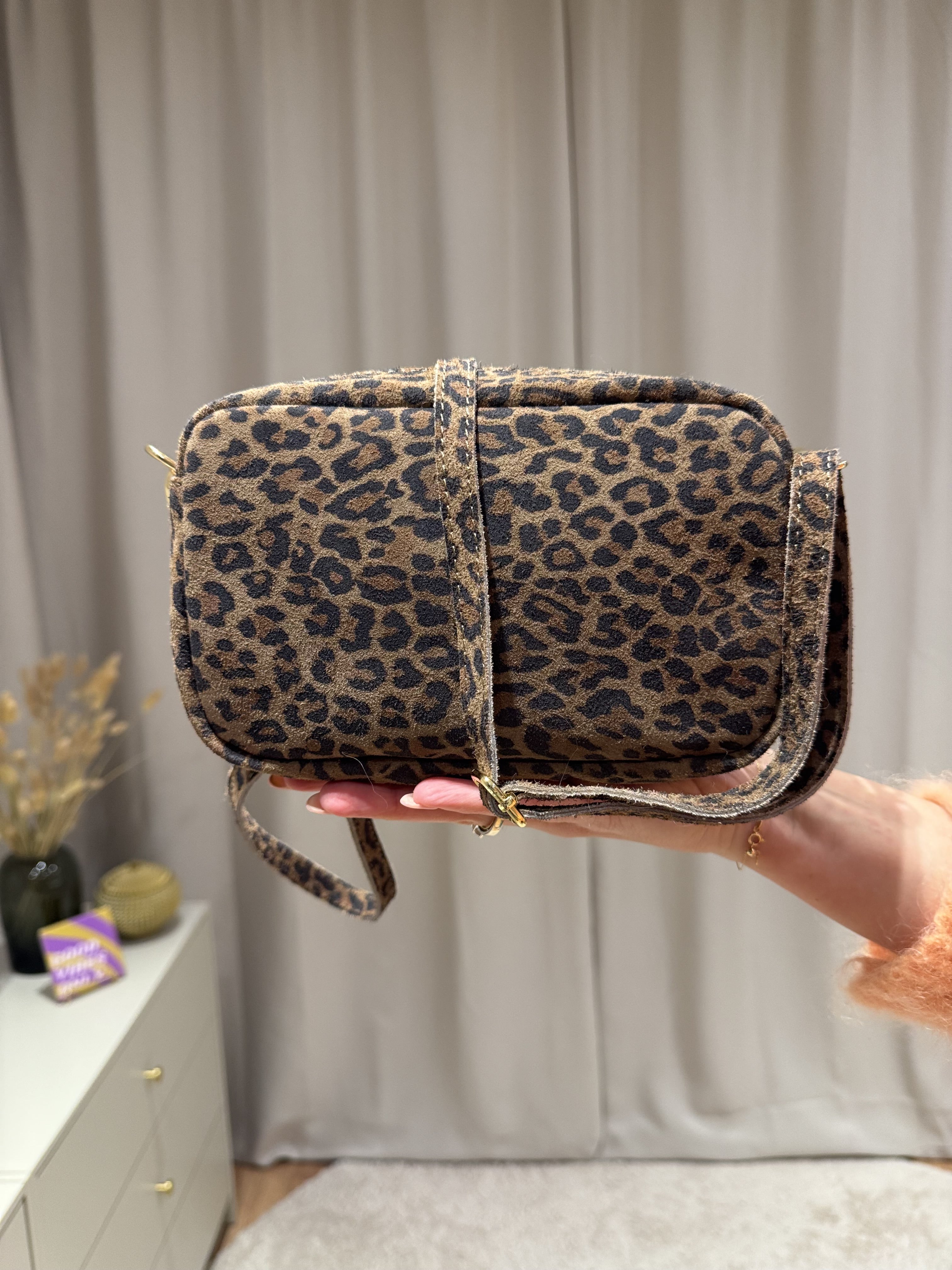 Irene - Suede tas gouden rits - panter