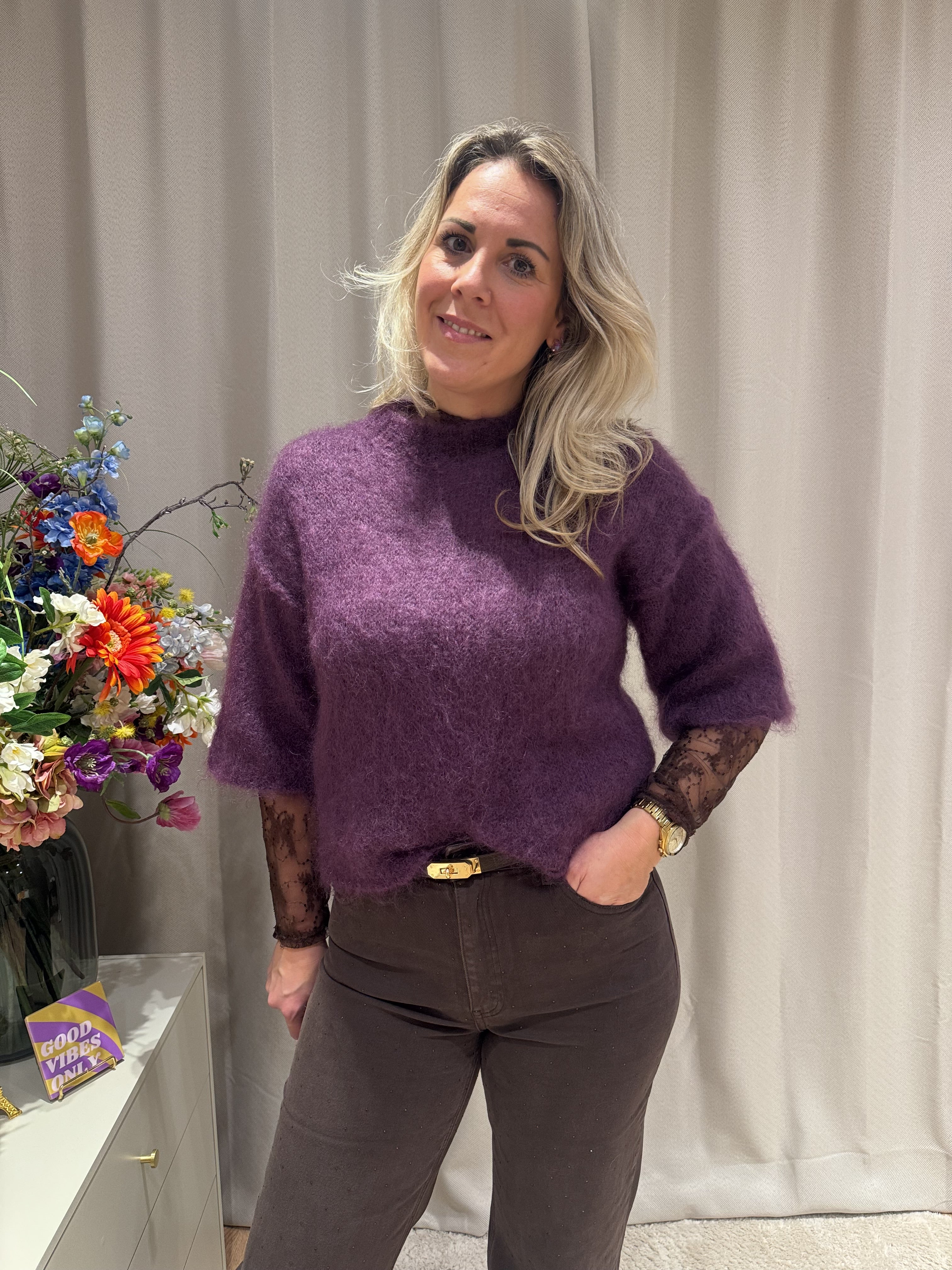 Pauline - Mohair trui korte mouw - paars