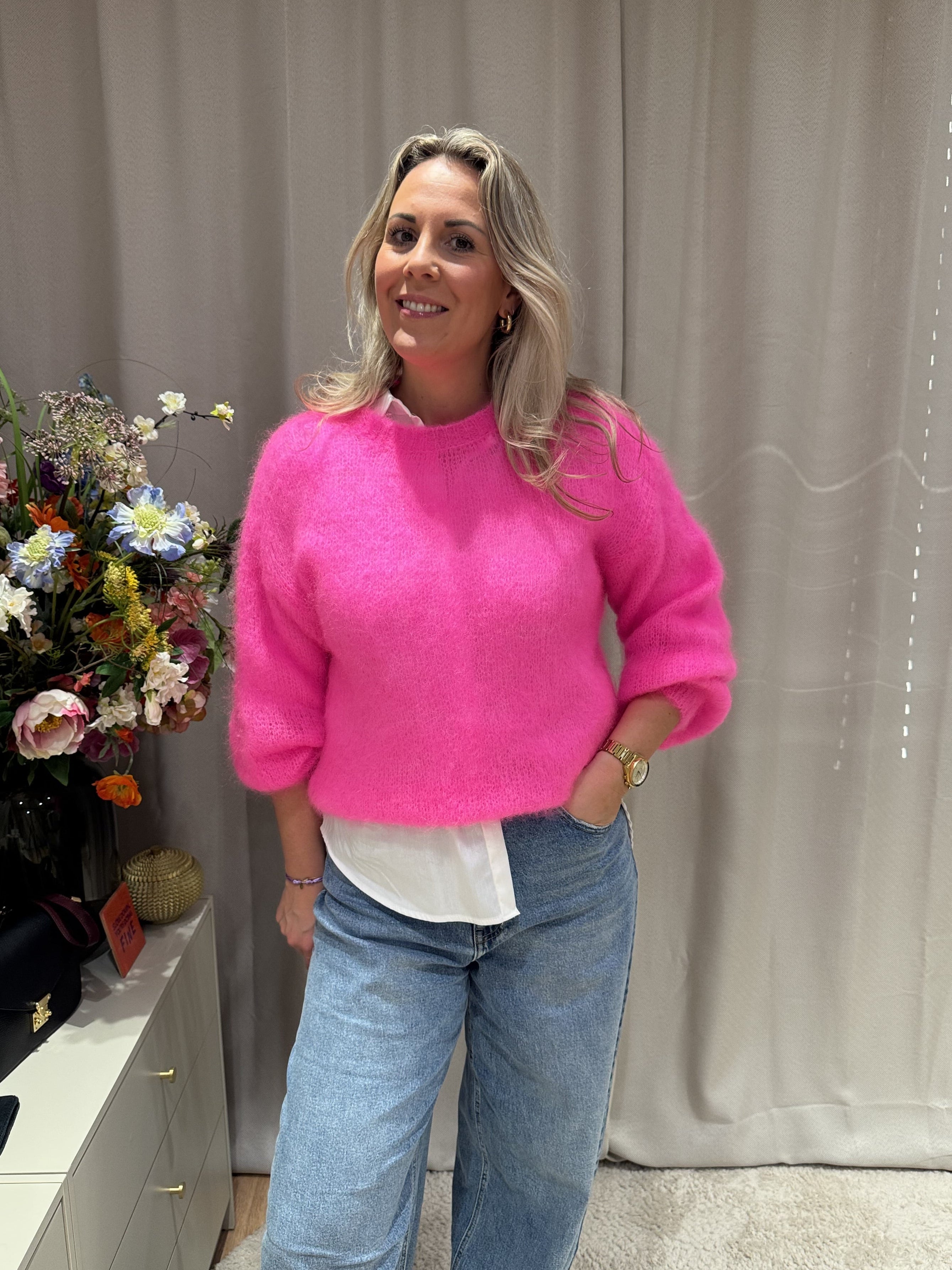 Denice - Mohair trui - fluorroze