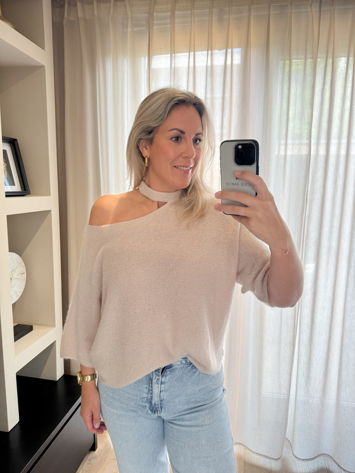 Violette - Alpaca trui offshoulder - beige