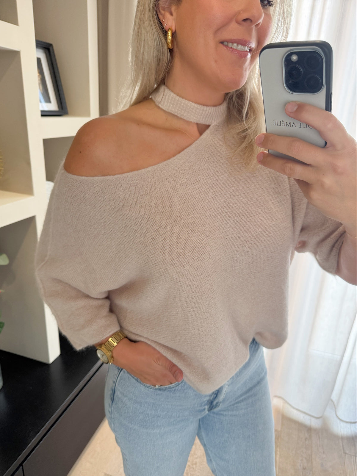 Violette - Alpaca trui offshoulder - beige