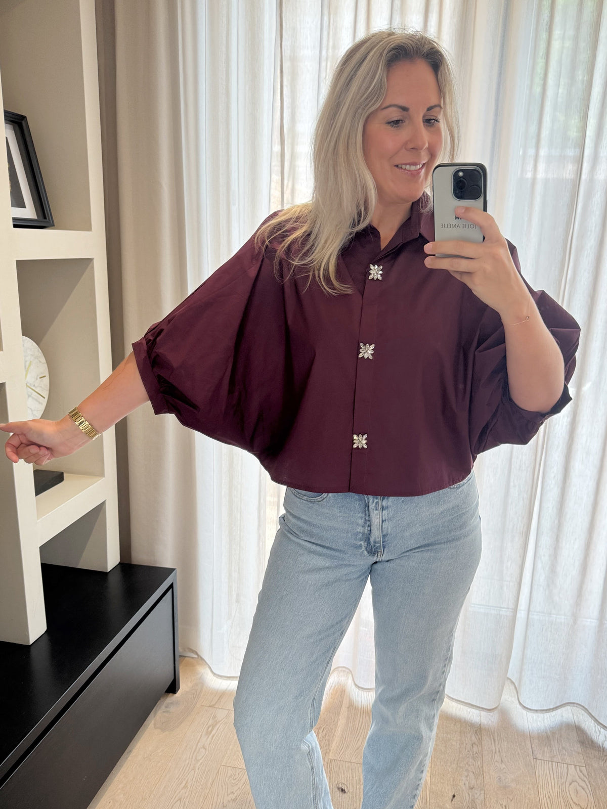 Manon - Ballonblouse glitter knoop - bordeaux