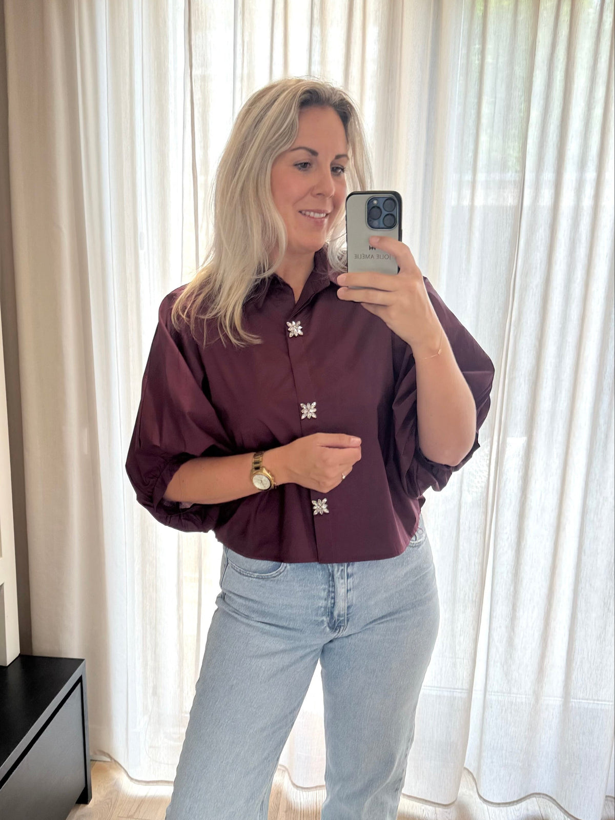 Manon - Ballonblouse glitter knoop - bordeaux