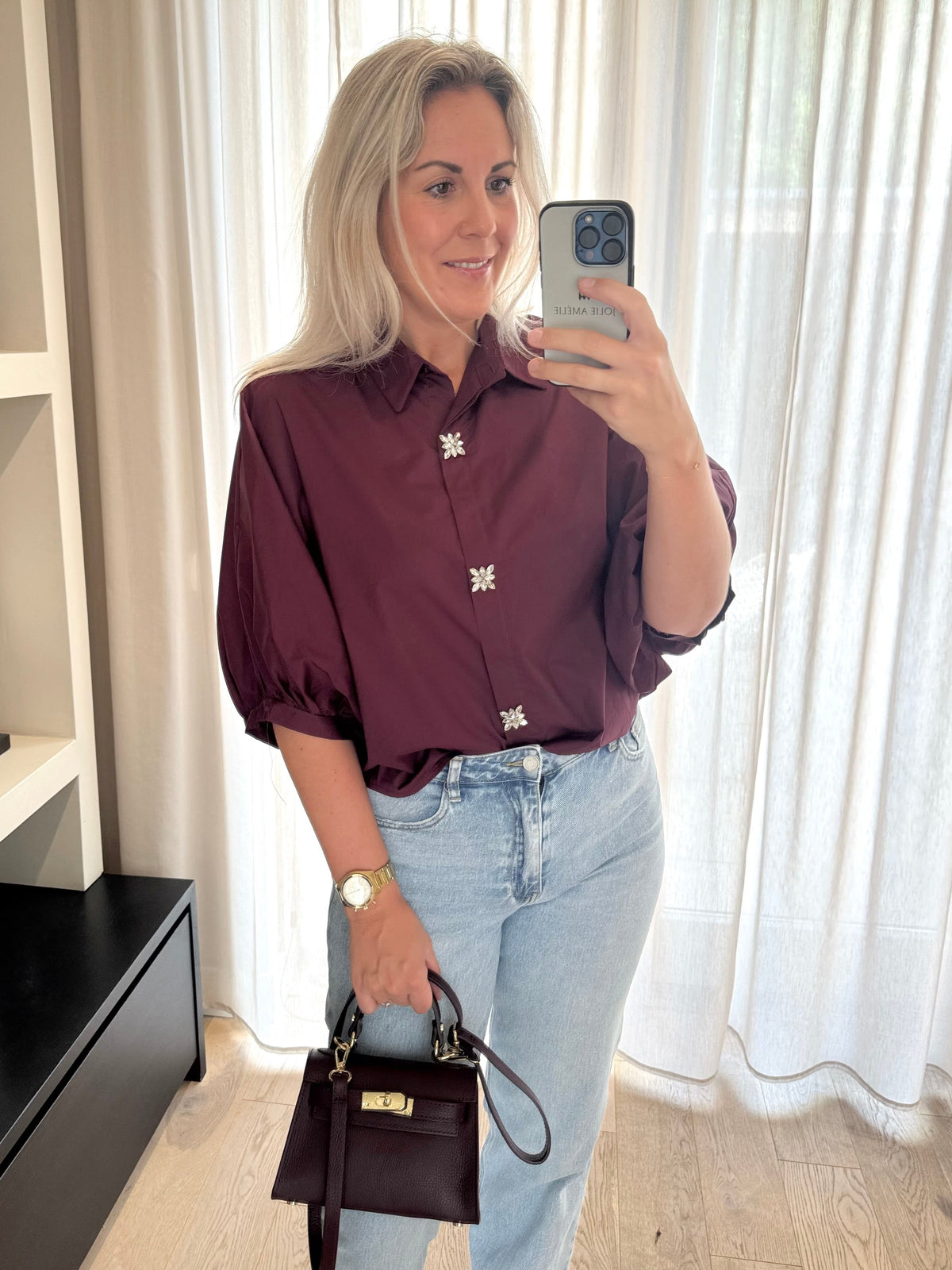 Manon - Ballonblouse glitter knoop - bordeaux
